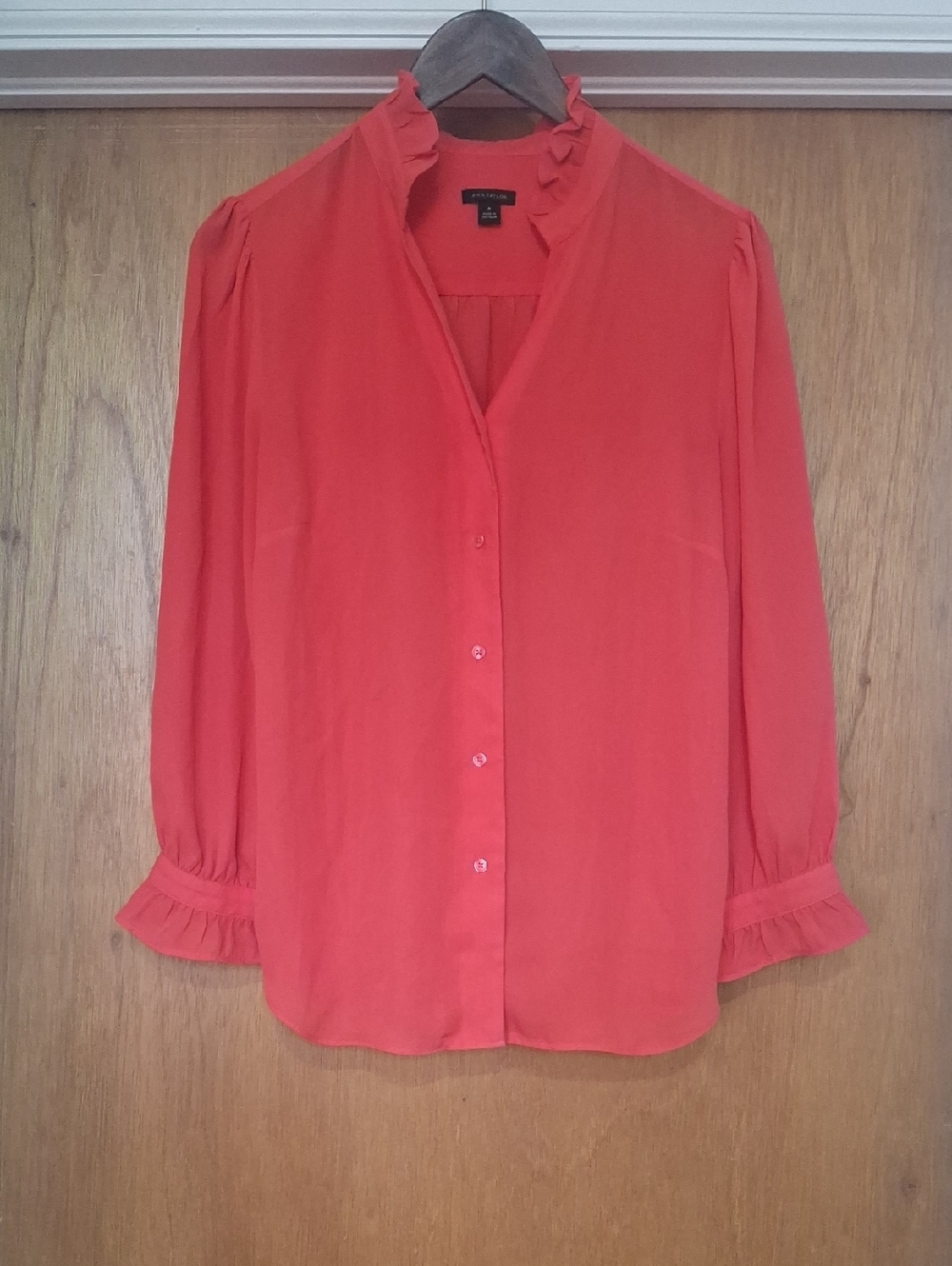 Ann Taylor Coral Ruffle Collar Button-Down Blouse